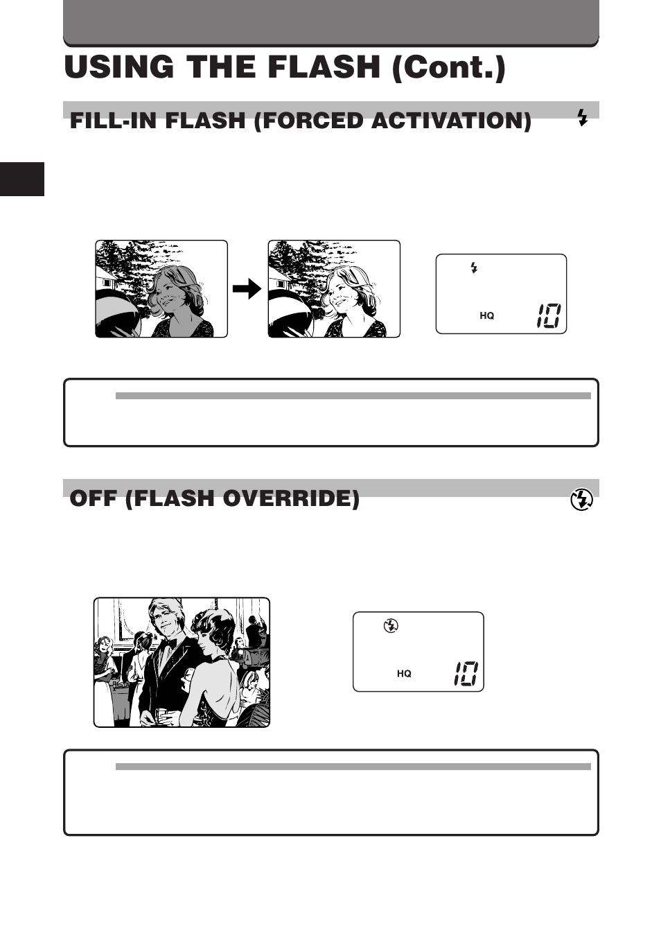 Using the flash (cont.), Fill-in flash (forced activation), Off (flash override) | Olympus C-3000ZOOM User Manual | Page 66 / 75
