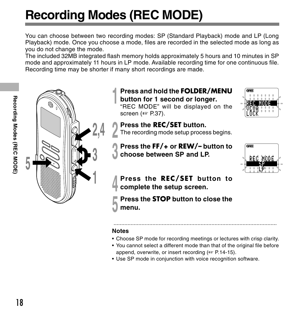 Recording modes (rec mode) | Olympus DS-660 User Manual | Page 18 / 56