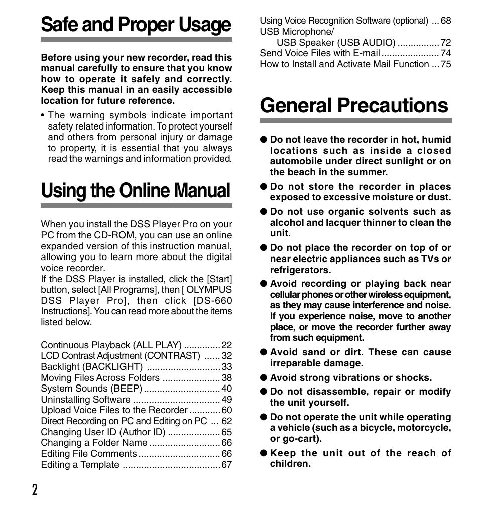 Safe and proper usage, General precautions, Using the online manual | Olympus DS-660 User Manual | Page 2 / 56