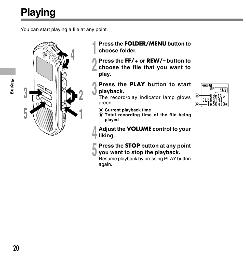 Playing | Olympus DS-660 User Manual | Page 20 / 56