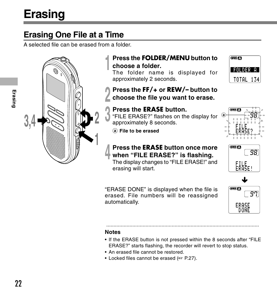 Erasing | Olympus DS-660 User Manual | Page 22 / 56