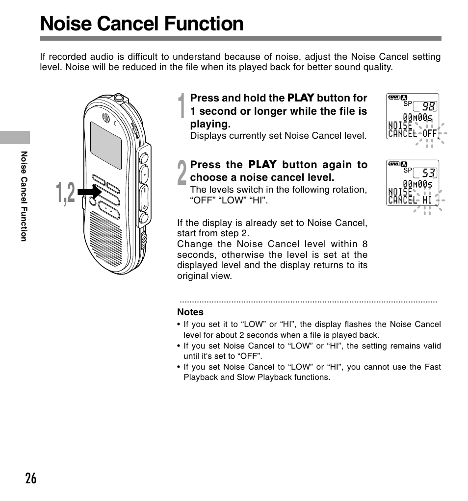 Noise cancel function | Olympus DS-660 User Manual | Page 26 / 56