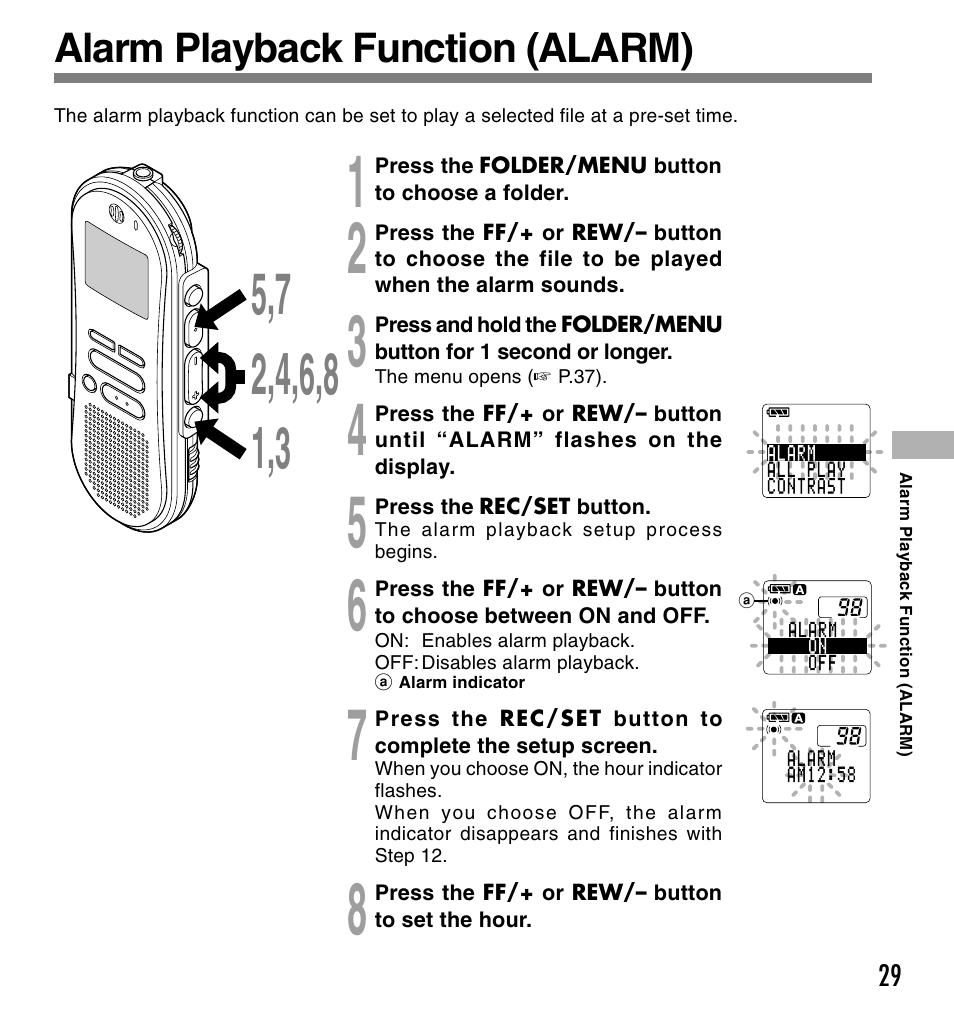 Alarm playback function (alarm) | Olympus DS-660 User Manual | Page 29 / 56