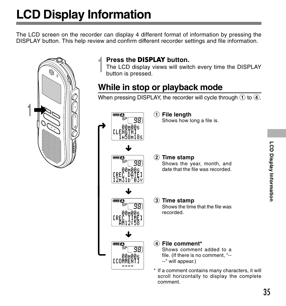 Lcd display information, While in stop or playback mode | Olympus DS-660 User Manual | Page 35 / 56