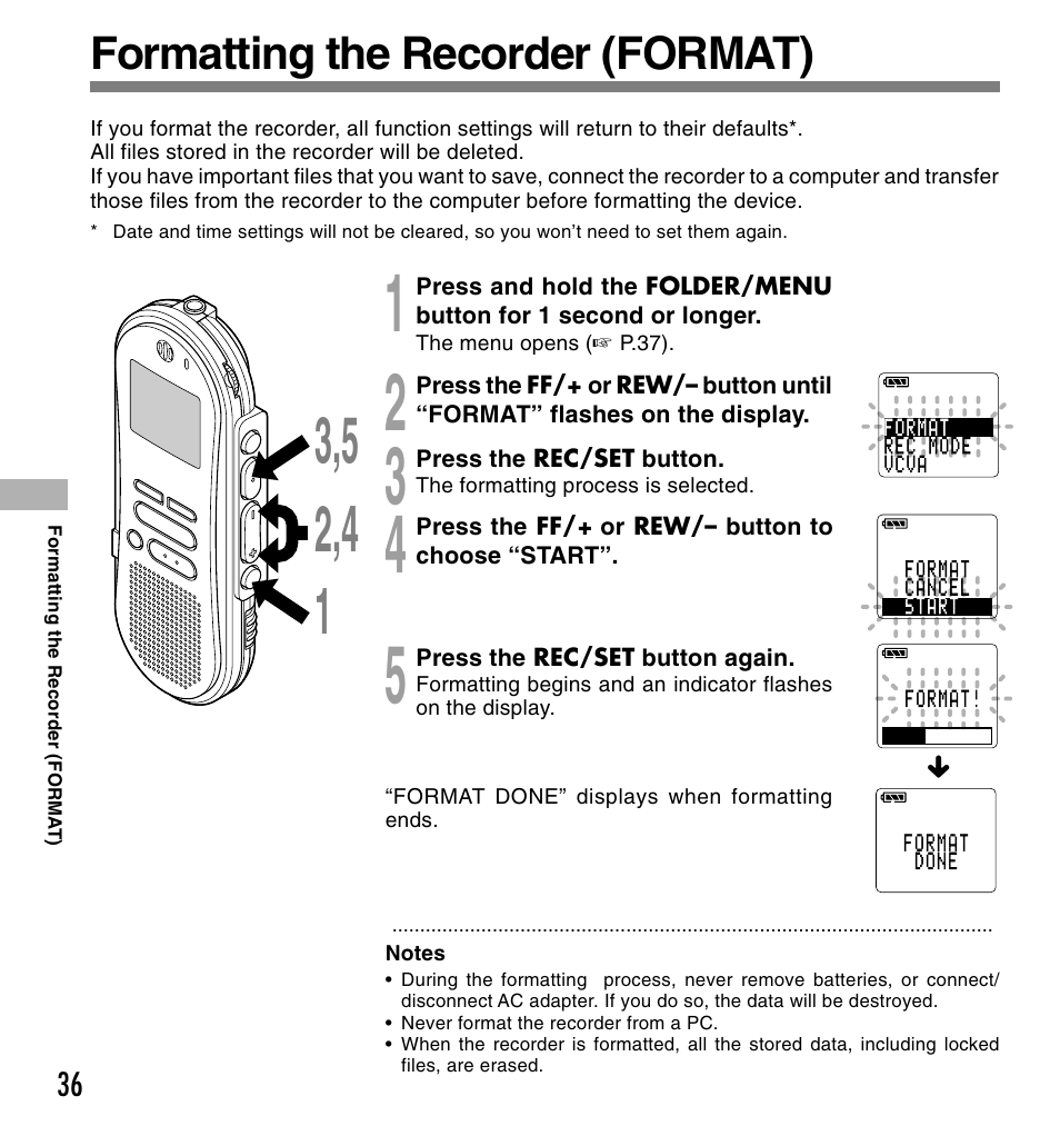 Formatting the recorder (format) | Olympus DS-660 User Manual | Page 36 / 56
