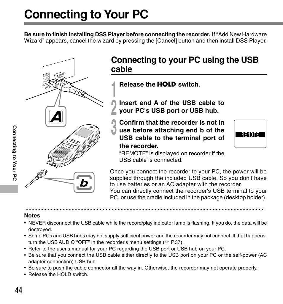 Connecting to your pc | Olympus DS-660 User Manual | Page 44 / 56