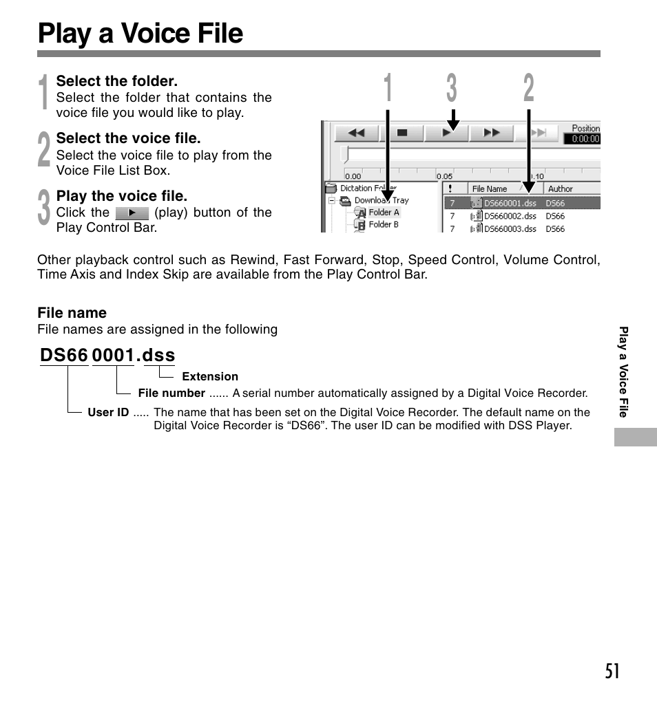 Play a voice file | Olympus DS-660 User Manual | Page 51 / 56