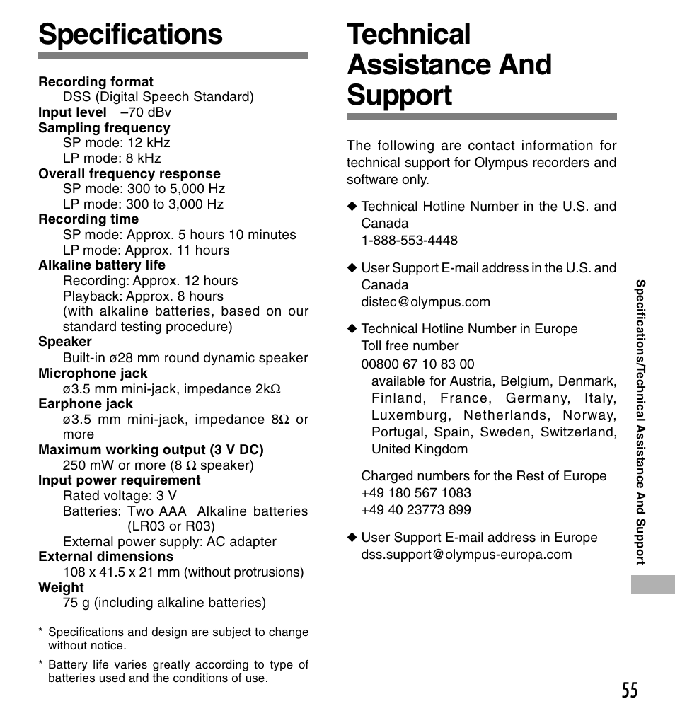 Specifications technical assistance and support | Olympus DS-660 User Manual | Page 55 / 56