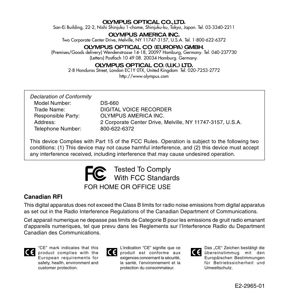Tested to comply with fcc standards, For home or office use | Olympus DS-660 User Manual | Page 56 / 56