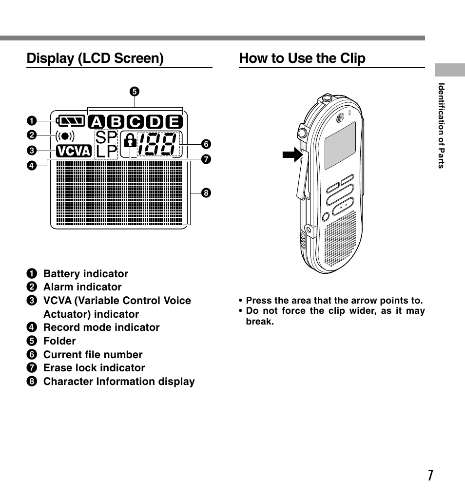 Display (lcd screen), How to use the clip | Olympus DS-660 User Manual | Page 7 / 56