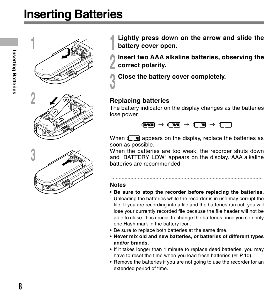 Inserting batteries | Olympus DS-660 User Manual | Page 8 / 56