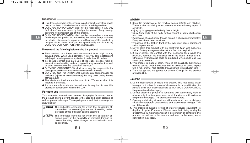 E-2 e-1 | Olympus PFL-01 User Manual | Page 2 / 19