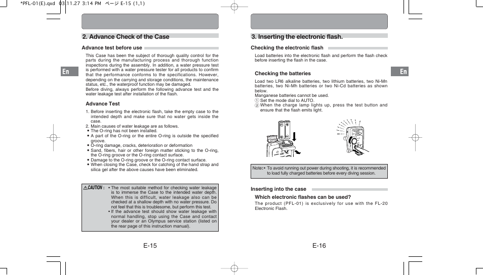 E-15 2. advance check of the case, E-16 3. inserting the electronic flash | Olympus PFL-01 User Manual | Page 9 / 19