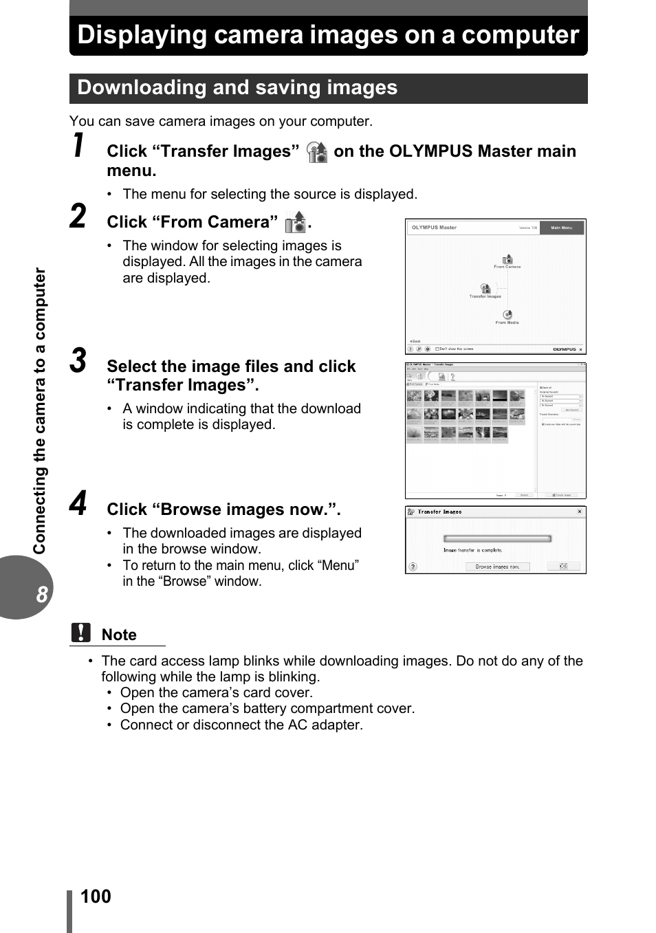 Displaying camera images on a computer, Downloading and saving images, P. 100 | Olympus CAMEDIA C480 User Manual | Page 100 / 138