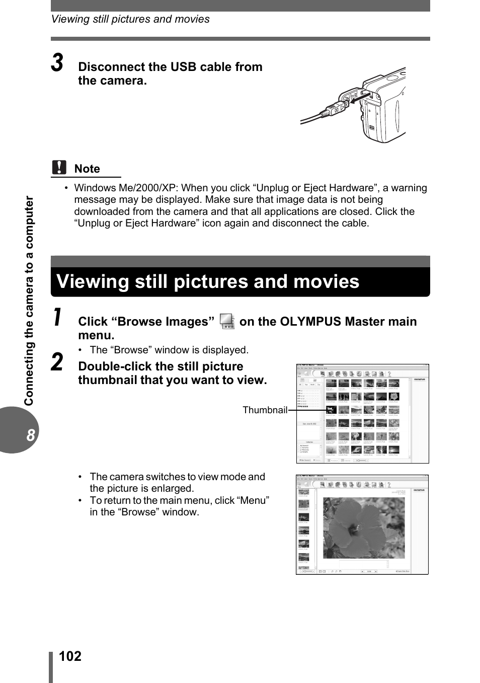 Viewing still pictures and movies | Olympus CAMEDIA C480 User Manual | Page 102 / 138