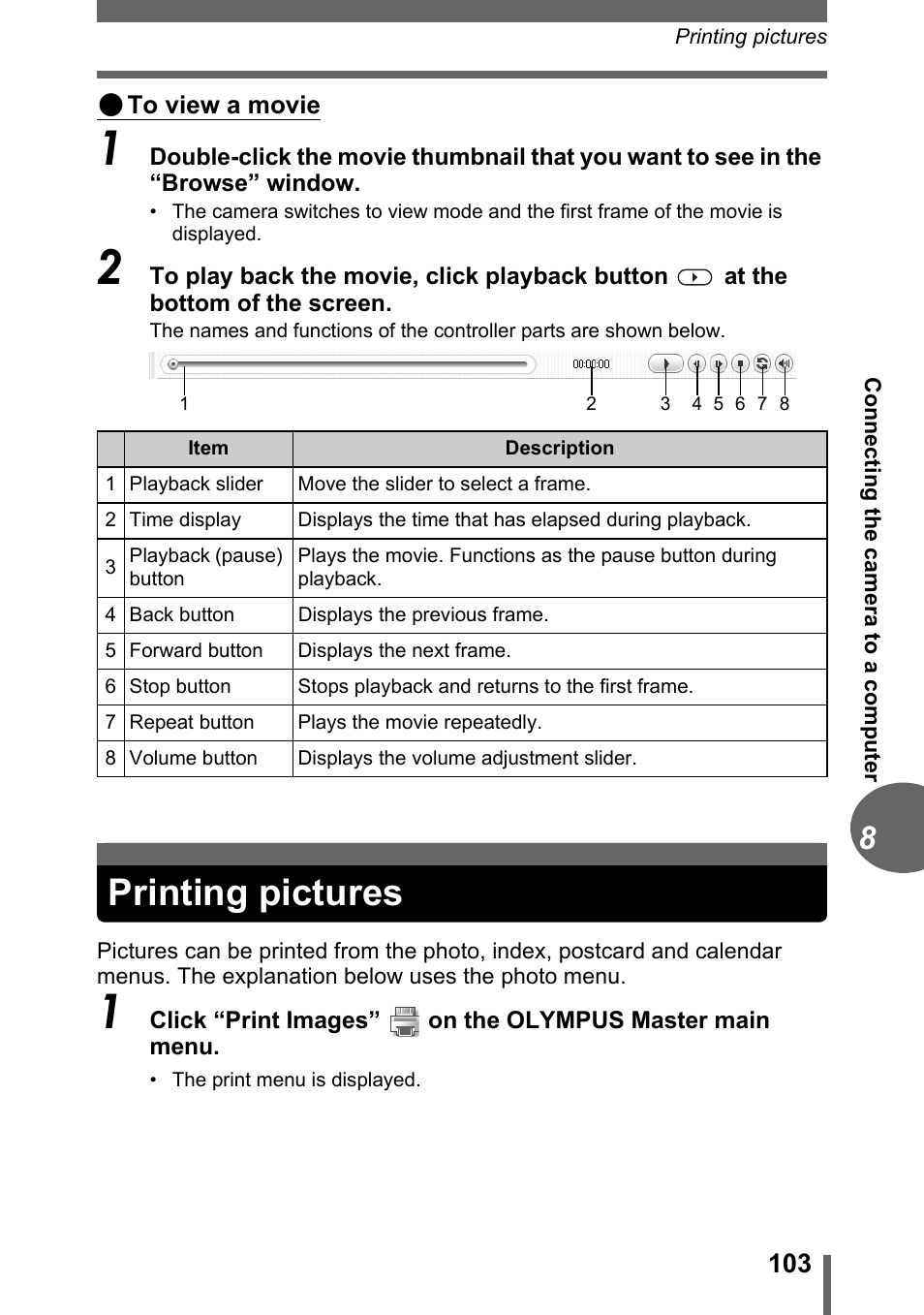 Printing pictures | Olympus CAMEDIA C480 User Manual | Page 103 / 138