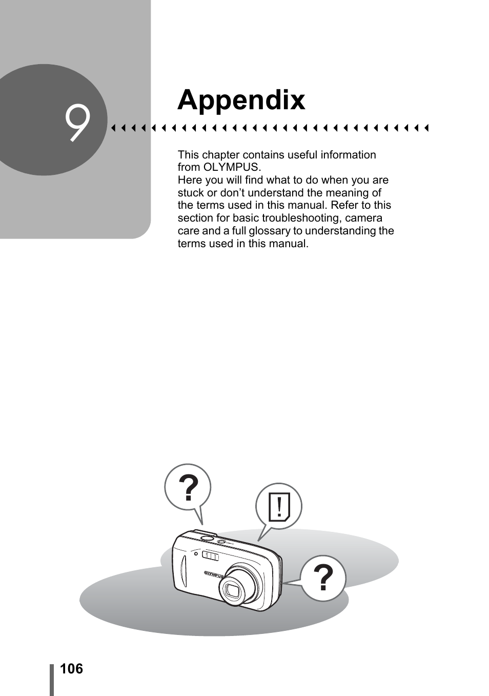 9 appendix, Appendix, P. 106 | Olympus CAMEDIA C480 User Manual | Page 106 / 138