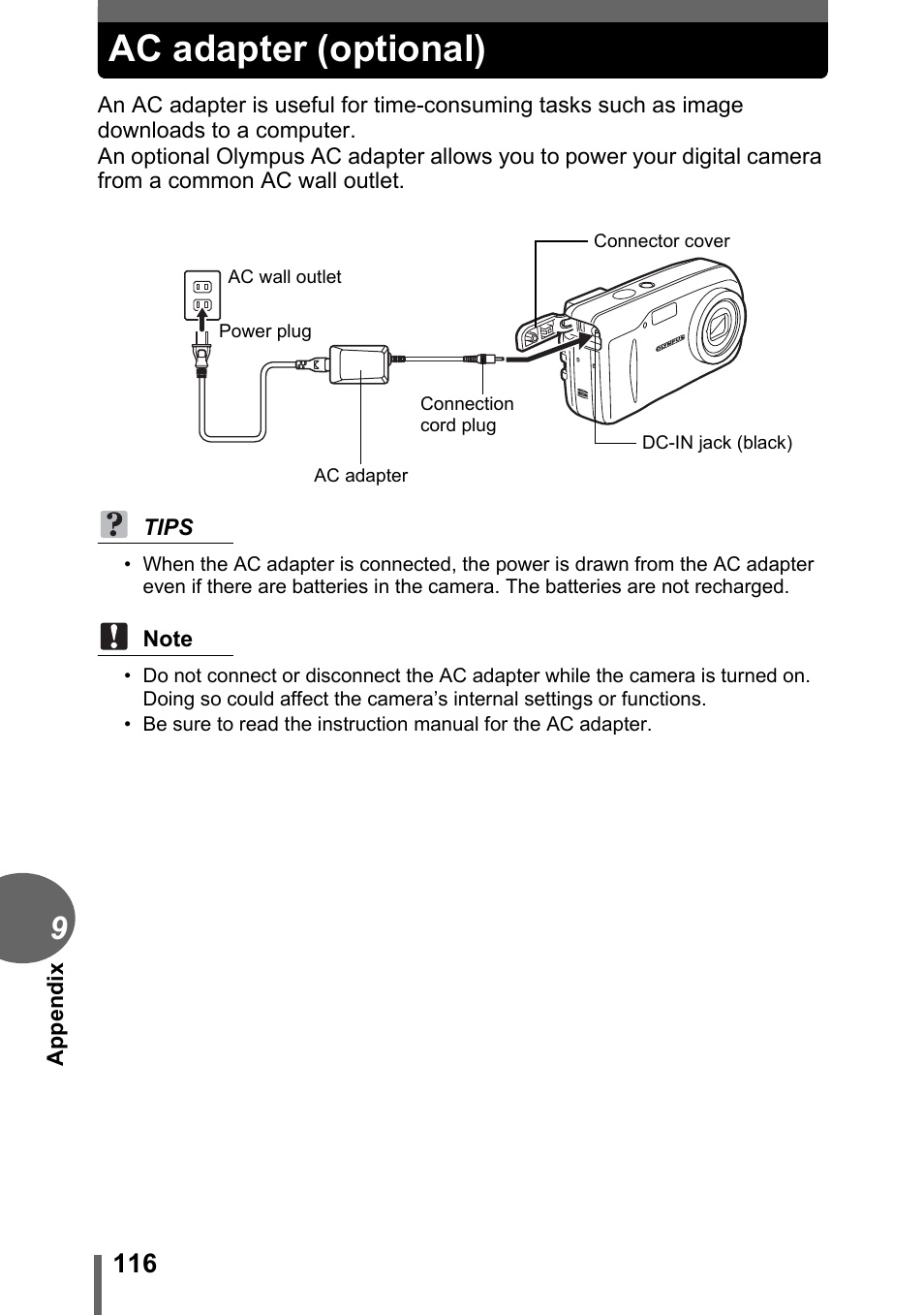 Ac adapter (optional) | Olympus CAMEDIA C480 User Manual | Page 116 / 138