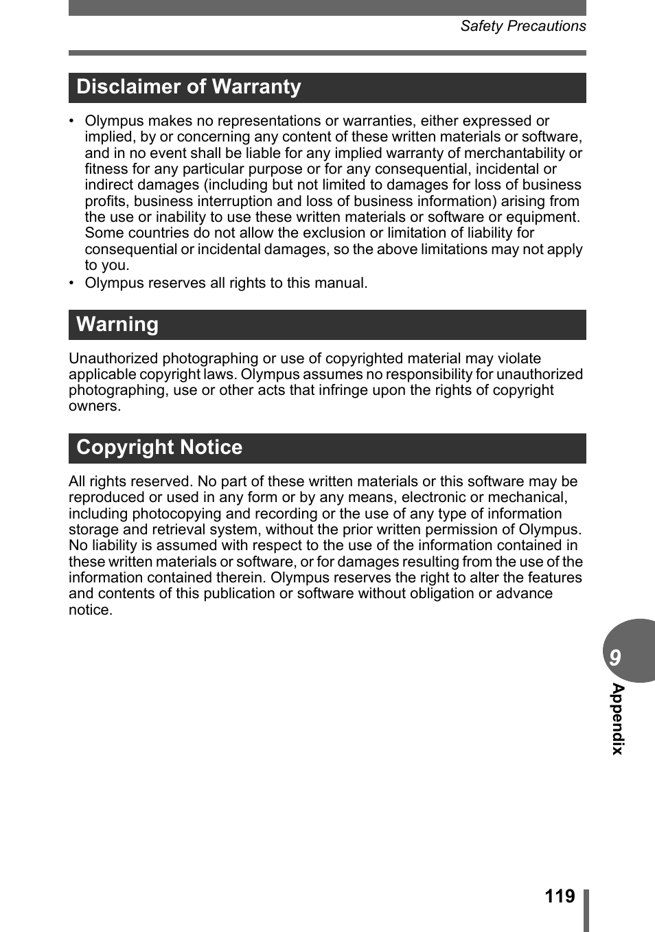 Disclaimer of warranty warning copyright notice | Olympus CAMEDIA C480 User Manual | Page 119 / 138