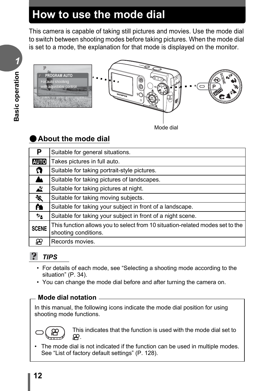 How to use the mode dial, About the mode dial | Olympus CAMEDIA C480 User Manual | Page 12 / 138