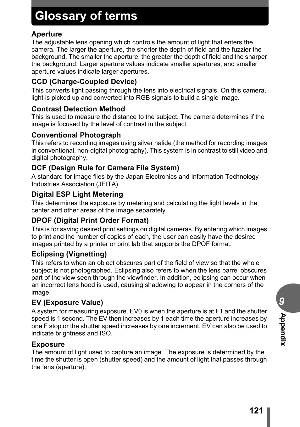 Glossary of terms | Olympus CAMEDIA C480 User Manual | Page 121 / 138