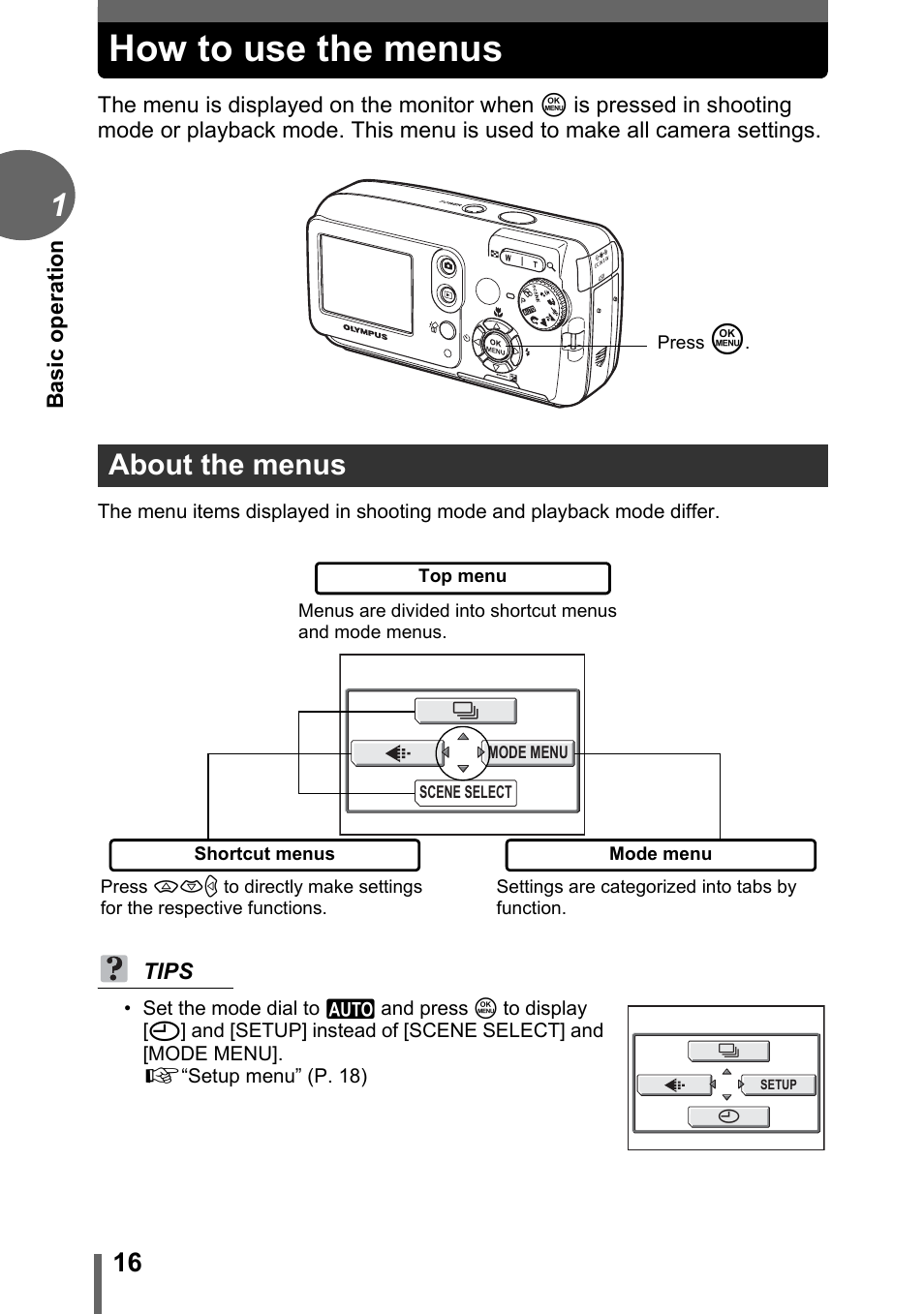 How to use the menus, About the menus | Olympus CAMEDIA C480 User Manual | Page 16 / 138