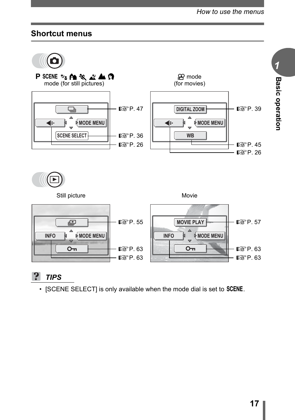 Shortcut menus, Basi c operation, Tips | Olympus CAMEDIA C480 User Manual | Page 17 / 138