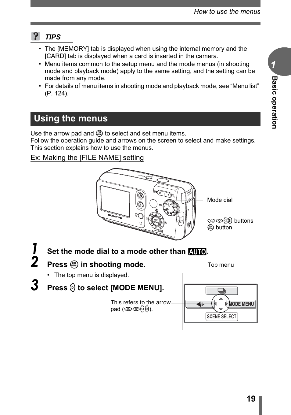 Using the menus | Olympus CAMEDIA C480 User Manual | Page 19 / 138