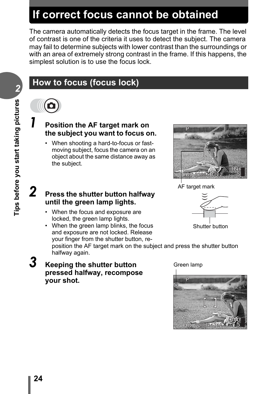 If correct focus cannot be obtained, How to focus (focus lock) | Olympus CAMEDIA C480 User Manual | Page 24 / 138