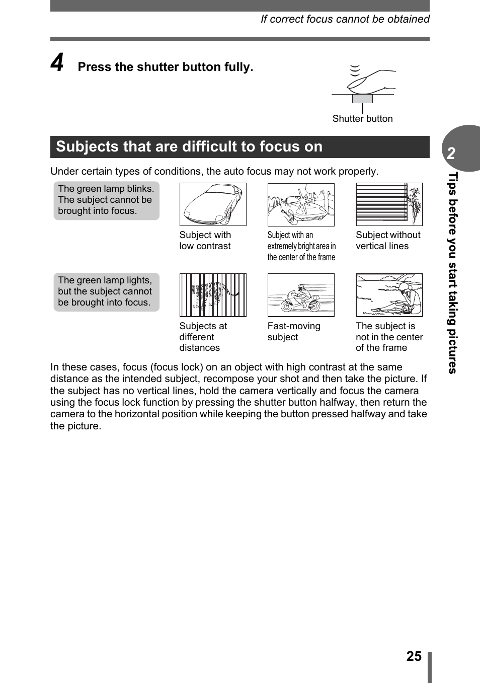 Subjects that are difficult to focus on | Olympus CAMEDIA C480 User Manual | Page 25 / 138