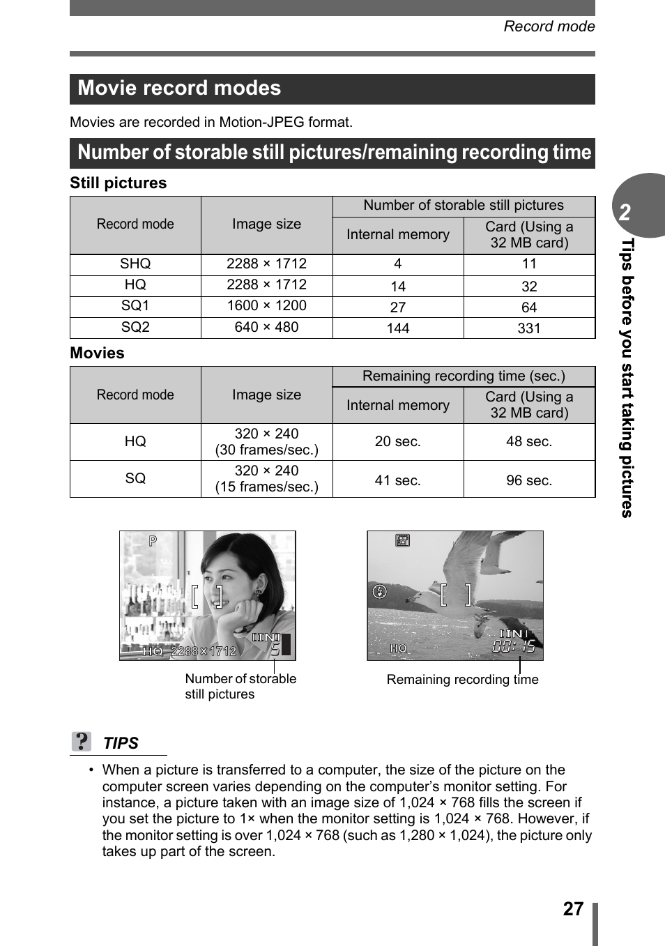 Movie record modes | Olympus CAMEDIA C480 User Manual | Page 27 / 138