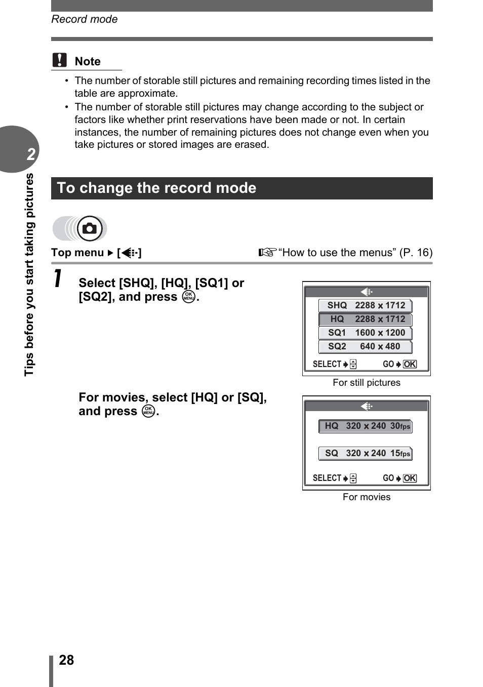 To change the record mode | Olympus CAMEDIA C480 User Manual | Page 28 / 138