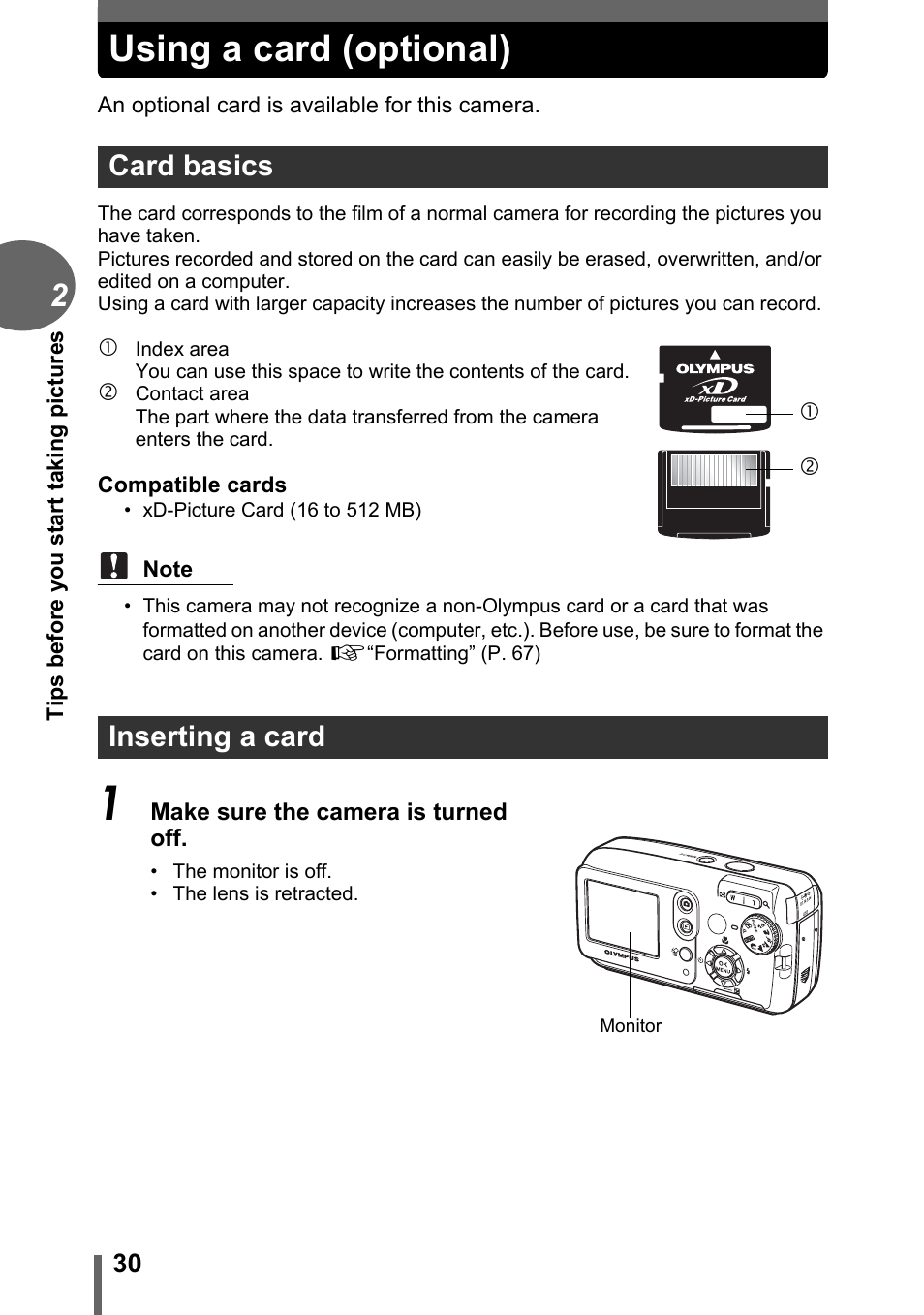 Using a card (optional), Card basics, Inserting a card | Card basics inserting a card | Olympus CAMEDIA C480 User Manual | Page 30 / 138