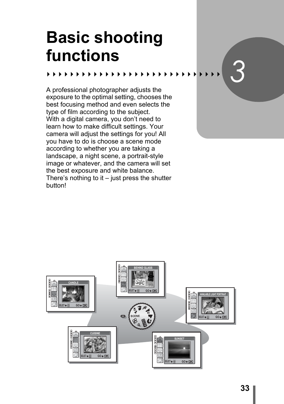 3 basic shooting functions, Basic shooting, Functions | P. 33, Basic shooting functions | Olympus CAMEDIA C480 User Manual | Page 33 / 138