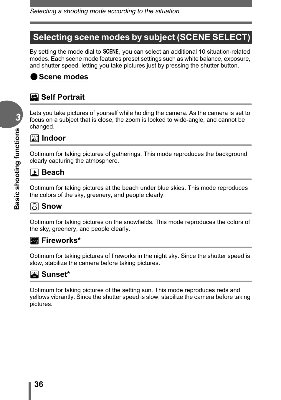 Selecting scene modes by subject (scene select), P. 36 | Olympus CAMEDIA C480 User Manual | Page 36 / 138