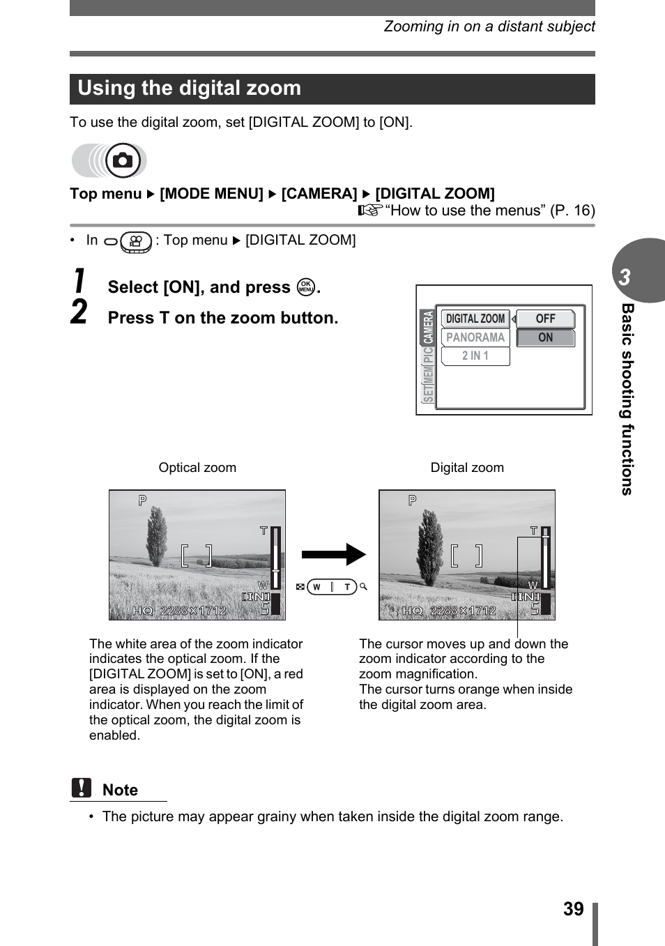 Using the digital zoom, P. 39 | Olympus CAMEDIA C480 User Manual | Page 39 / 138