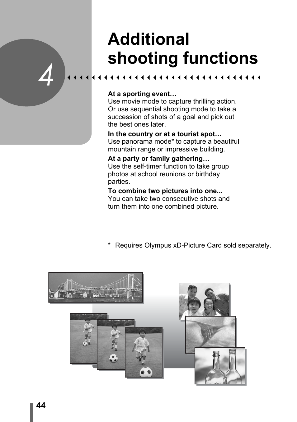 4 additional shooting functions, Additional shooting, Functions | P. 44, Additional shooting functions | Olympus CAMEDIA C480 User Manual | Page 44 / 138