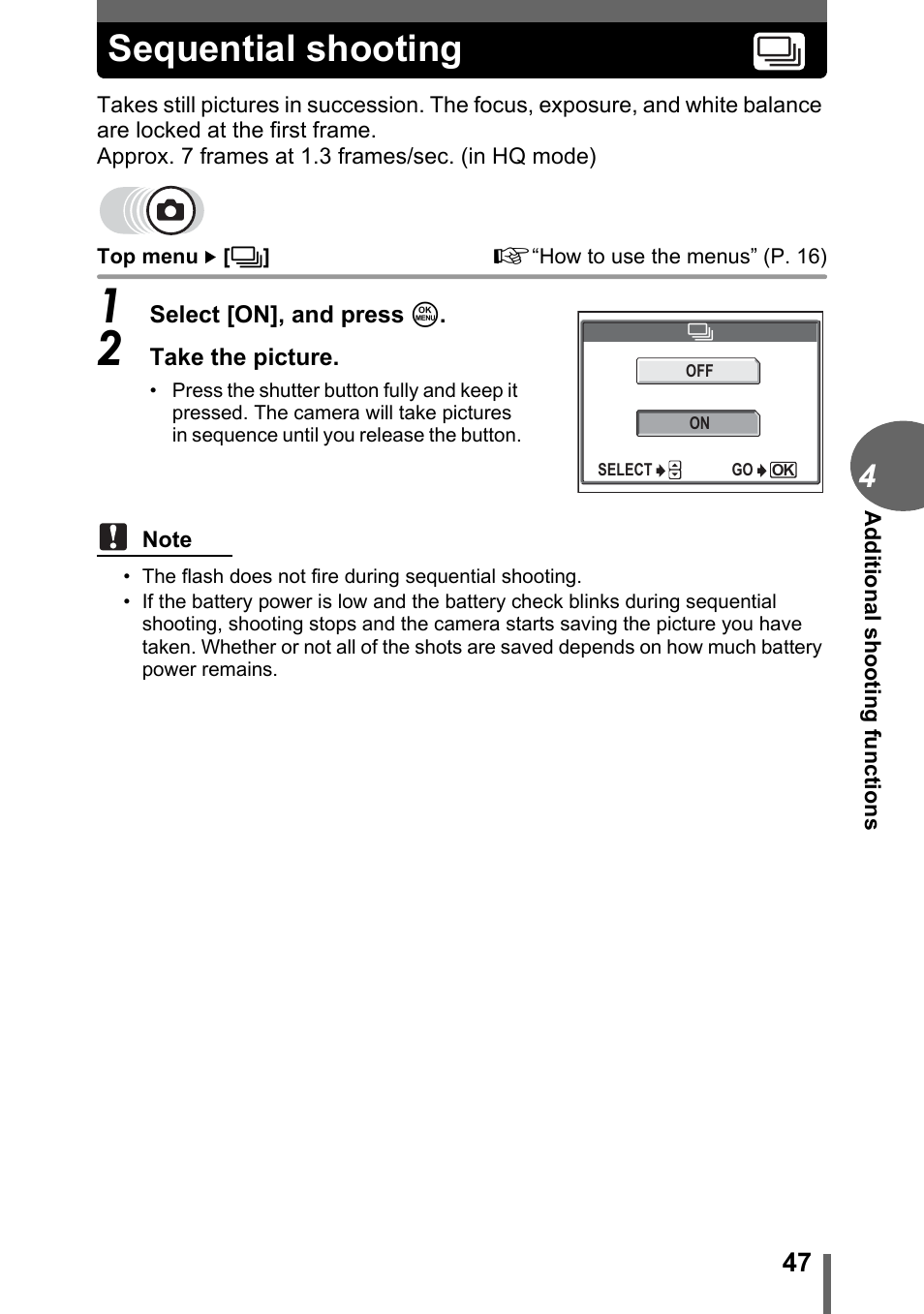 Sequential shooting, P. 47 | Olympus CAMEDIA C480 User Manual | Page 47 / 138