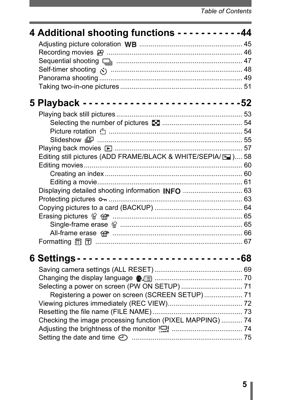4 additional shooting functions, 5 playback, 6 settings | Olympus CAMEDIA C480 User Manual | Page 5 / 138
