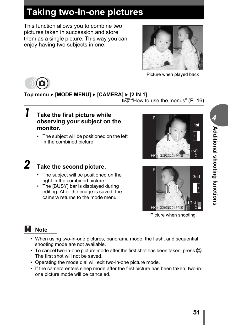 Taking two-in-one pictures | Olympus CAMEDIA C480 User Manual | Page 51 / 138