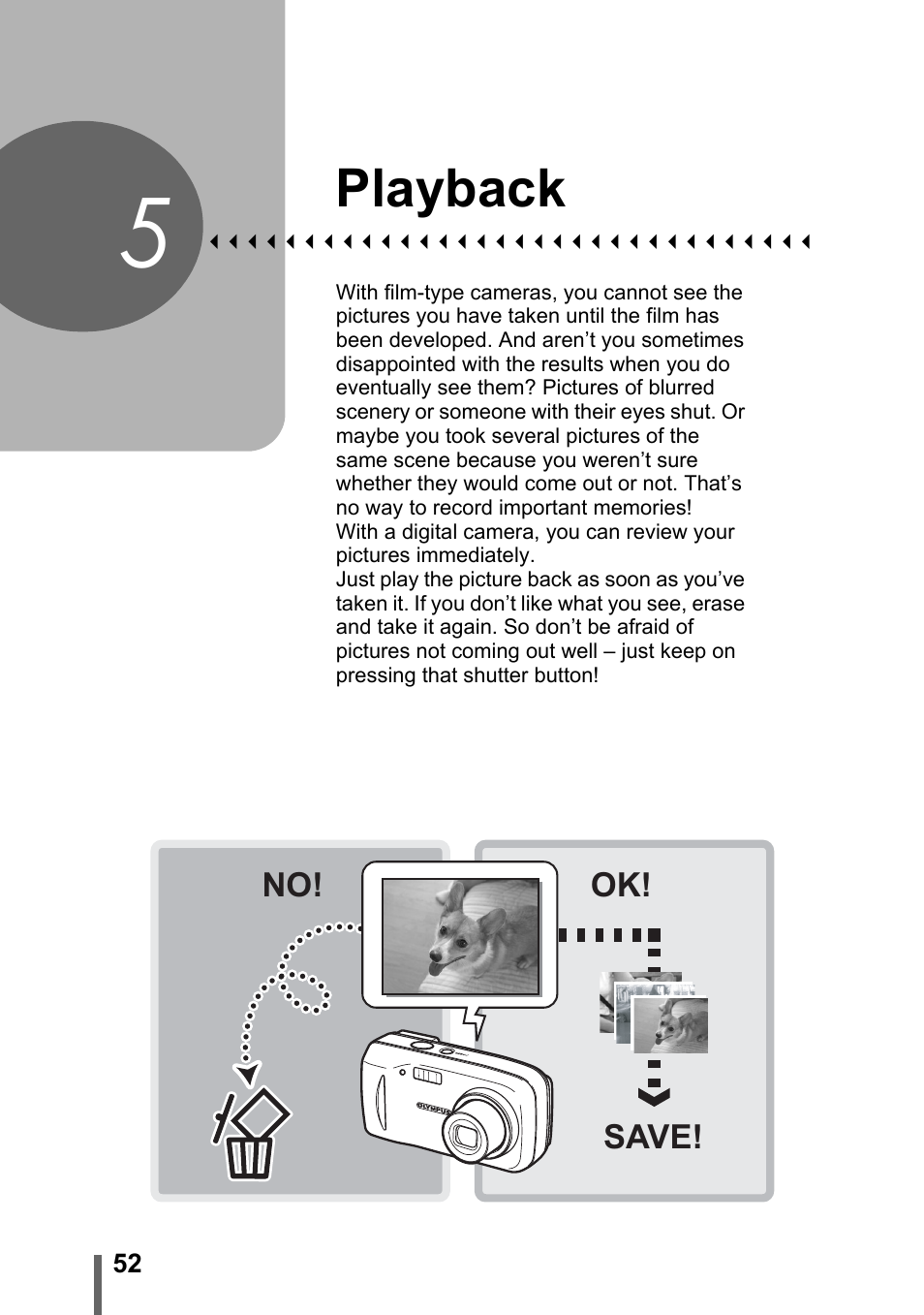 5 playback, Playback, P. 52 | Olympus CAMEDIA C480 User Manual | Page 52 / 138
