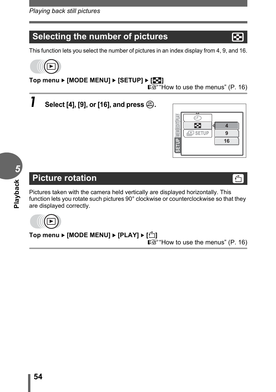 Selecting the number of pictures, Picture rotation, Selecting the number of pictures picture rotation | Olympus CAMEDIA C480 User Manual | Page 54 / 138