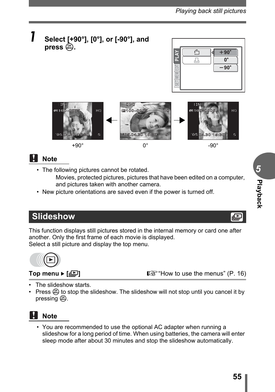 Slideshow, Gp. 55, Pl ayb ack | Playing back still pictures, Top menu [ m ] g“how to use the menus” (p. 16) | Olympus CAMEDIA C480 User Manual | Page 55 / 138