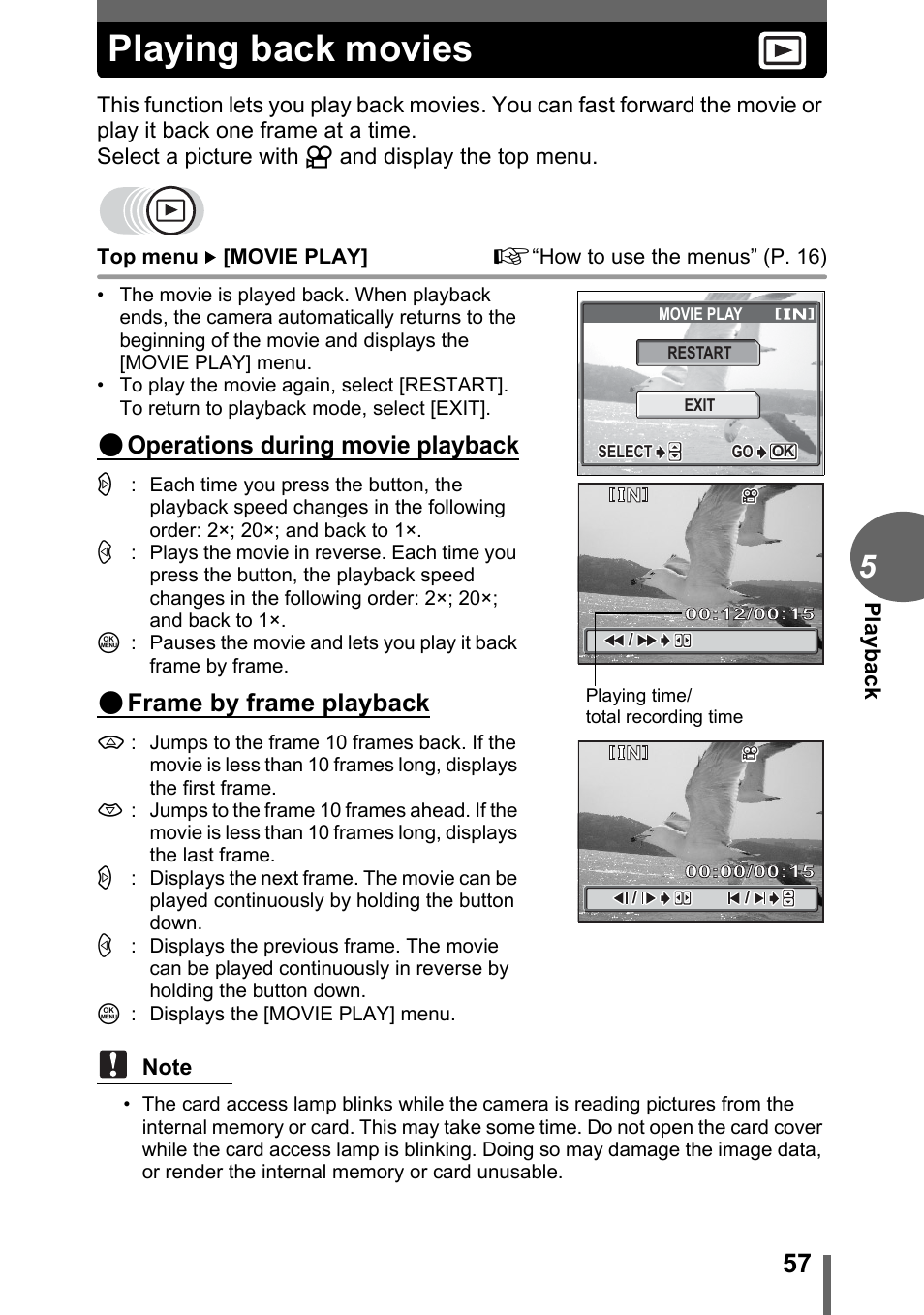 Playing back movies, P. 57, Operations during movie playback | Frame by frame playback | Olympus CAMEDIA C480 User Manual | Page 57 / 138