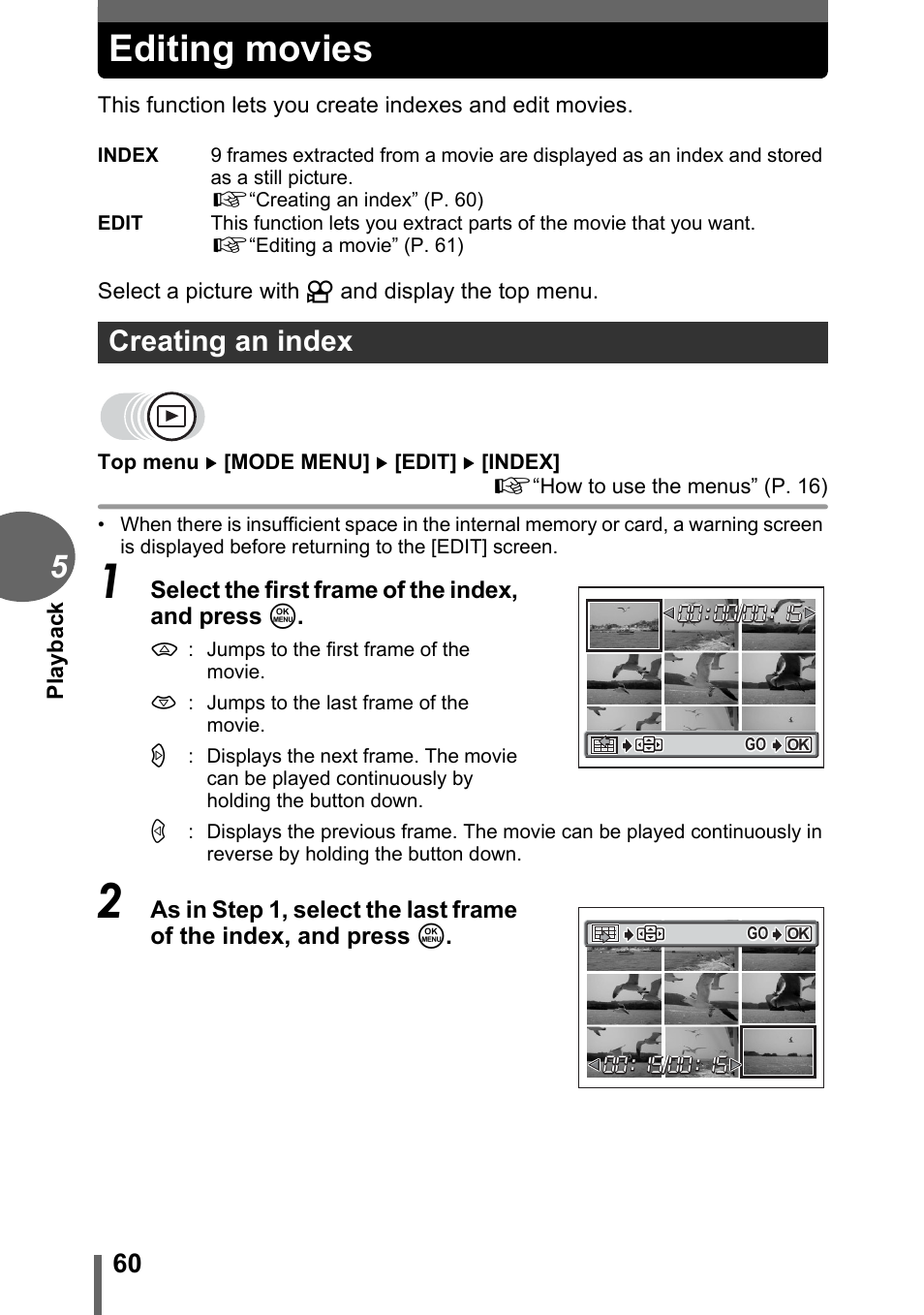 Editing movies, Creating an index | Olympus CAMEDIA C480 User Manual | Page 60 / 138