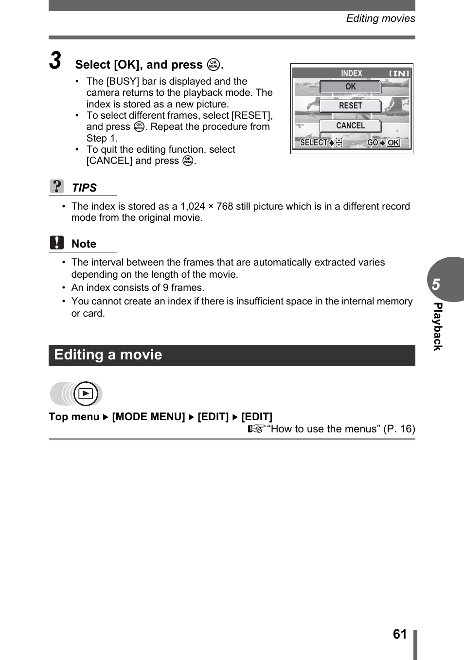 Editing a movie | Olympus CAMEDIA C480 User Manual | Page 61 / 138