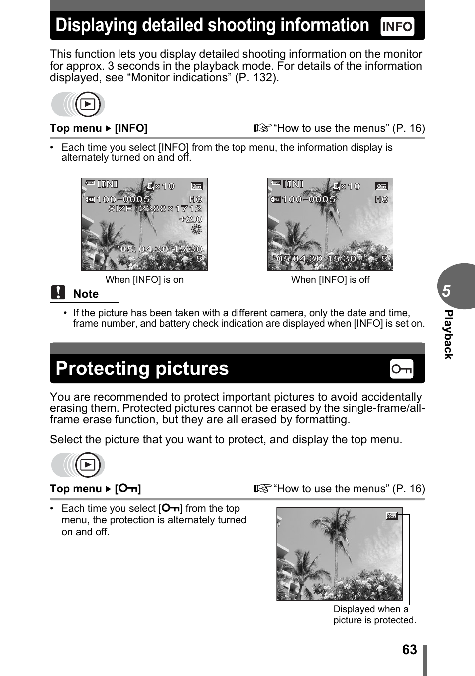 Displaying detailed shooting information, Protecting pictures, Gp. 63 gp. 63 | P. 63 | Olympus CAMEDIA C480 User Manual | Page 63 / 138