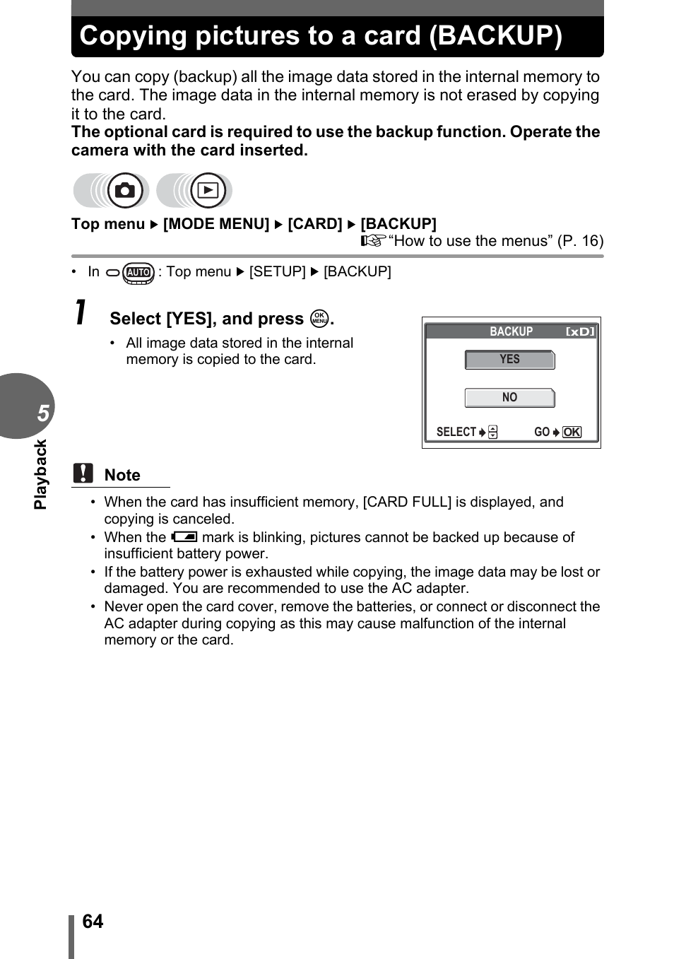 Copying pictures to a card (backup) | Olympus CAMEDIA C480 User Manual | Page 64 / 138