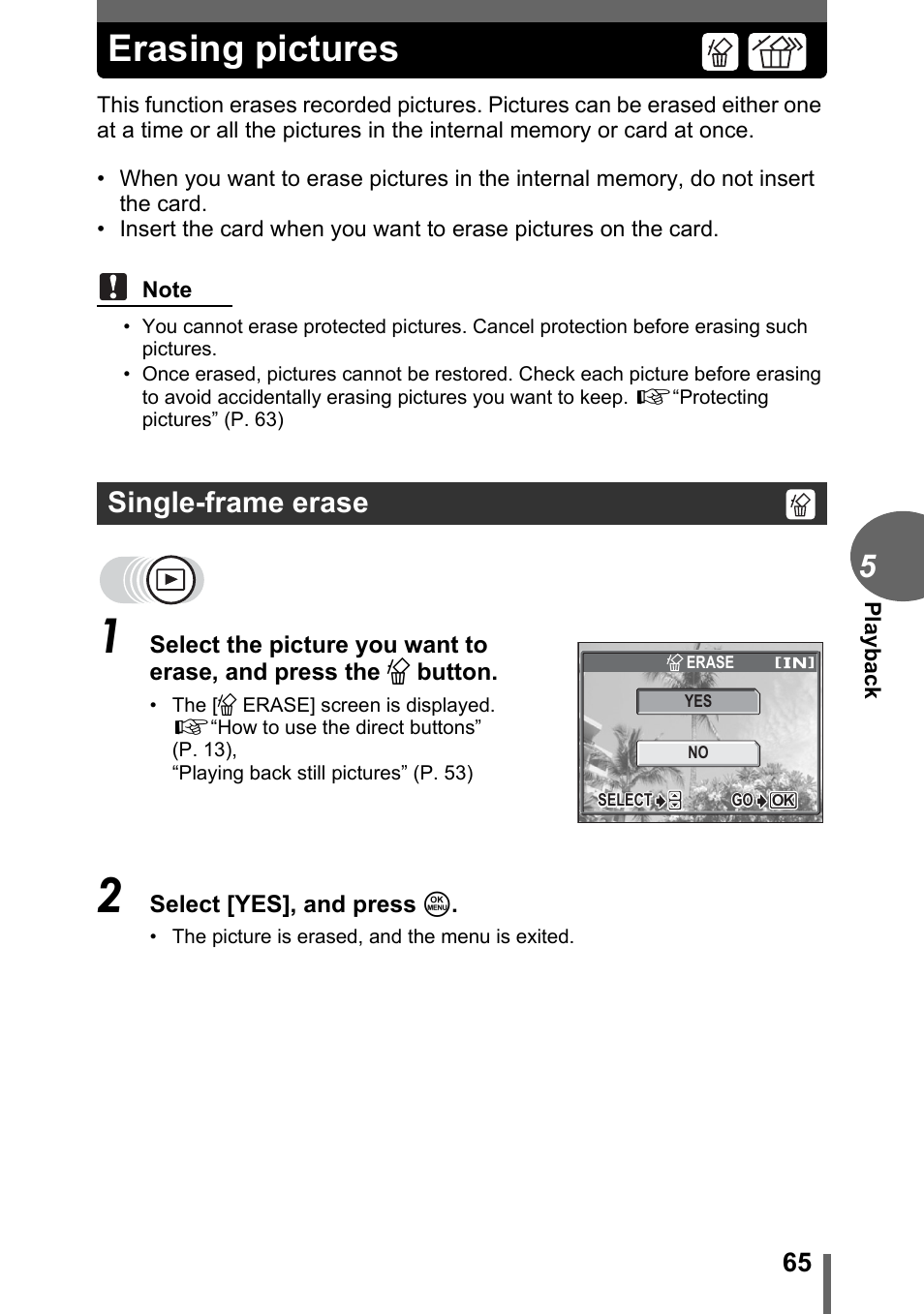 Erasing pictures, Single-frame erase | Olympus CAMEDIA C480 User Manual | Page 65 / 138