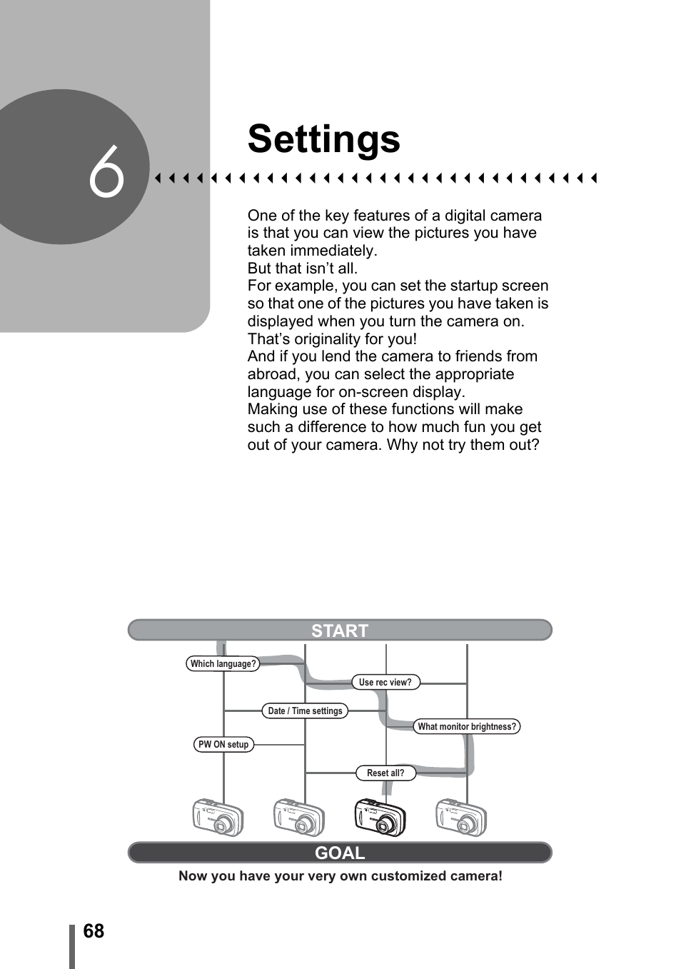 6 settings, Settings, P. 68 | Olympus CAMEDIA C480 User Manual | Page 68 / 138